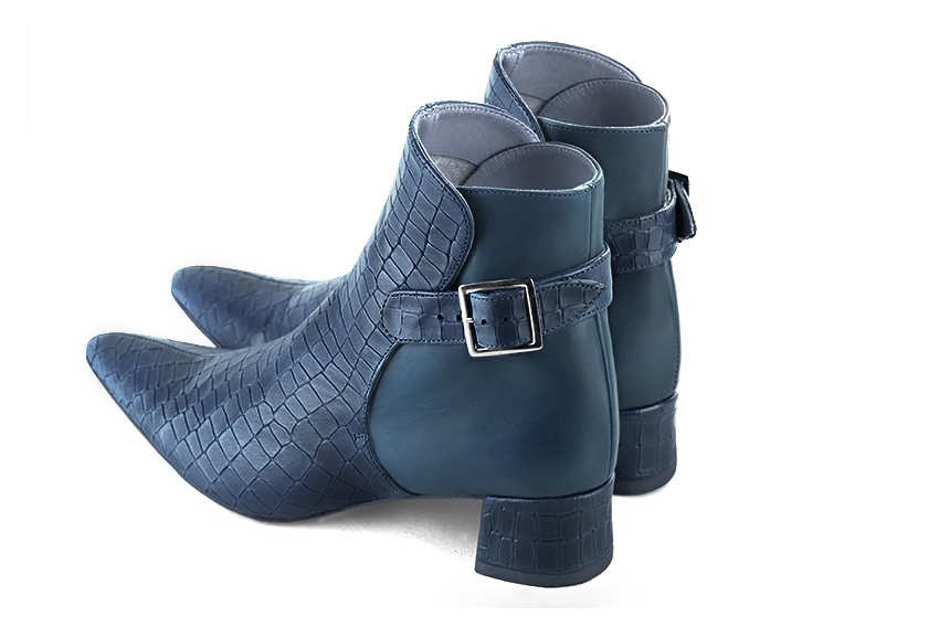 Denim blue women's ankle boots with buckles at the back. Tapered toe. Low flare heels. Rear view - Florence KOOIJMAN